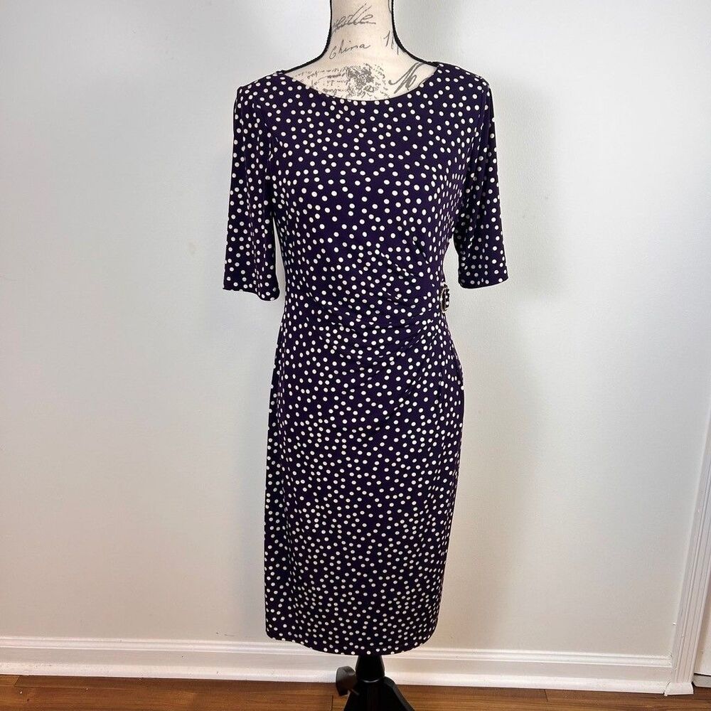 Laura Jeffries Purple Polka Dot Sheath Dress Womens Size 8 Ruched Side Buckle